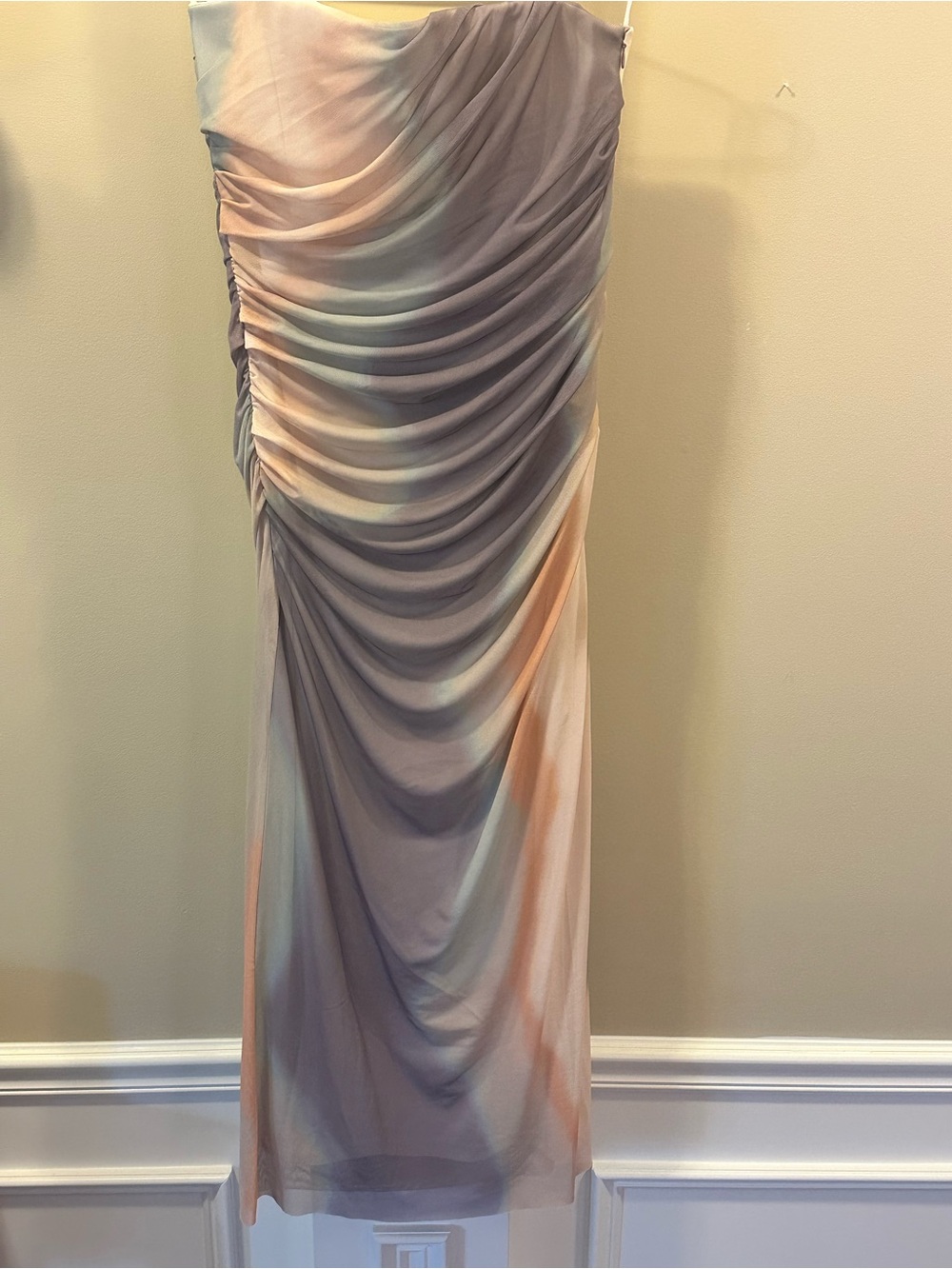 Zara Ruched Strapless Ombre Maxi Dress in Lavender & Peach